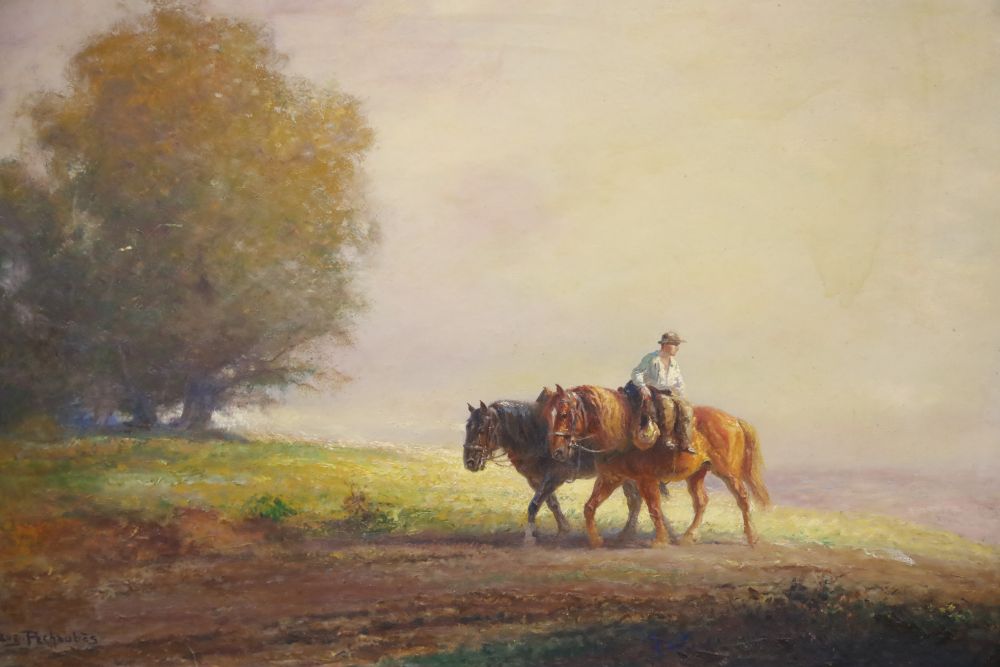 Eugène Péchaubès (1890-1967), oil on board, Farmer and horses returning from the fields, signed, 48 x 71cm